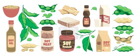 Illustration for Soy bean products. Cartoon organic food with soybean soy milk soya tofu tempeh, vegan vegetarian healthy protein alternative. Vector set. Natural ingredients for meat, oil and flour - Royalty Free Image