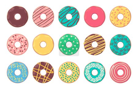 Foto de Donut de dibujos animados. Bonita panadería colorida rosquilla acristalada con agujero, coloridas rosquillas de pastelería dulce para la fiesta de cumpleaños de los niños, lindo postre de panadería. Set aislado vectorial - Imagen libre de derechos