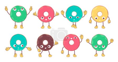 Foto de Mascota de donut de dibujos animados. Lindos personajes de pastelería dulce con diferentes emociones, emoticonos de donuts cómicos con diferentes caras. Set aislado vectorial - Imagen libre de derechos