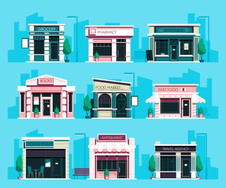 Store front. Cartoon local shop facade with window and door, small retail business exterior with showcase and awning. Vector storefront set