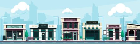 Shopping street. Cartoon city street with stores and cafe, sidewalk with trees and benches, urban landscape with storefronts. Vector illustration