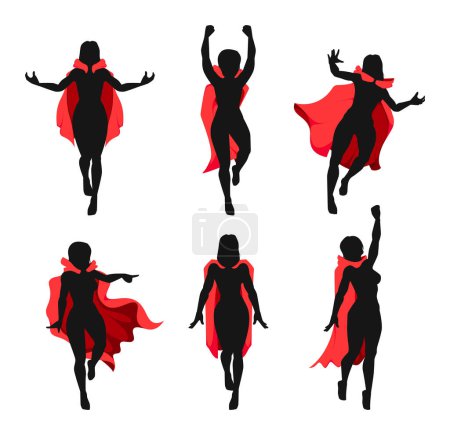 Female superhero in red cloak. Cartoon strong woman in flying superhero costume, comic book female character in flying cape. Vector superheroine silhouette set
