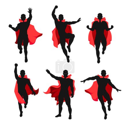 Ilustración de Hombre superhéroe con capa roja. Personajes masculinos musculosos de dibujos animados disfrazados con capas, volando y luchando. Set aislado vectorial - Imagen libre de derechos
