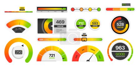 Gauges measuring scale. Progress bar and tachometer dials, energy level and speedometer, quality rating and score infographic. Vector set