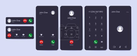 Incoming call UI elements. Smartphone overlay with accept decline call buttons, mobile phone screen with text message and call icons. Vector flat set