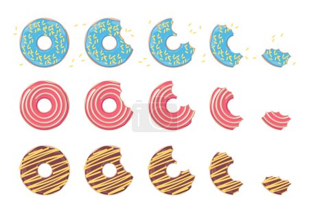 Foto de Un donut mordido. Masa dulce redonda de dibujos animados horneada con crema y glaseado, masa frita plana con caramelo de chocolate y salpicaduras. Set aislado vectorial - Imagen libre de derechos