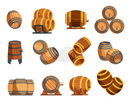 Ilustración de Cañón y barriles de madera. barril de vino y cerveza, recipiente de madera para el almacenamiento de alcohol, recipiente de madera para la elaboración del vino. Conjunto de vectores - Imagen libre de derechos