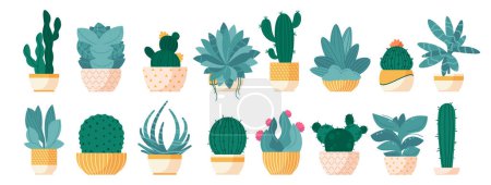 Foto de Suculenta en maceta. Cactus de dibujos animados en macetas con flores, plantas desérticas verdes en contenedores vintage para la decoración del hogar. Set aislado vectorial - Imagen libre de derechos