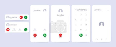 Phone call screen template. Mobile smartphone with touchscreen dialing and answering interface, smartphone app UI mockup. Vector set