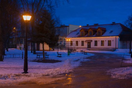 Historic building in moody lighting in the evening, guest house, hotel, tourist attraction, Poland, Podlasie, Suprasl