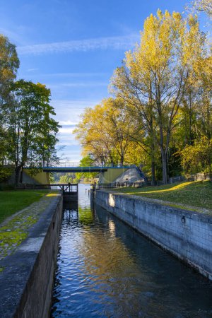 Augustow Canal, a lock with a wooden gate, a tourist water route, a historic hydrotechnical building