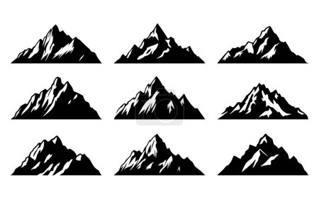 Illustration for Mountain silhouette set. Rocky mountains icon travel emblems. Camping outdoor adventure emblem, badge, and logo patch. Mountain tours, hiking. Vector isolated on white. - Royalty Free Image