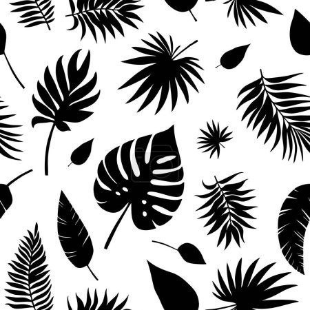 Illustration for Vector seamless pattern with black tropical leaves on white background. Cute bright and fun summer floral. Jungle leaf, exotic palm leaves. Vector illustration. - Royalty Free Image