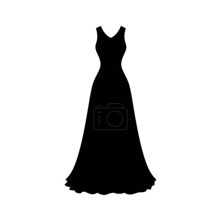Illustration for Evening cocktail black dress. Woman clothing. Silhouette apparel. Long maxi, full and floor length dress icon. Vector illustration. - Royalty Free Image