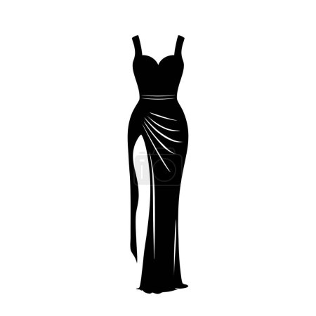 Illustration for Evening cocktail black dress. Woman clothing. Silhouette apparel. Long maxi, full and floor length dress icon. Vector illustration. - Royalty Free Image