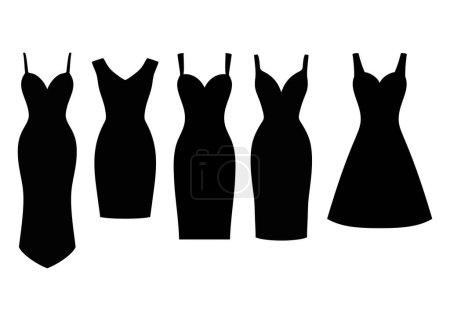 Illustration for Evening and cocktail dress set. Collection woman clothing. Silhouette apparel. Different shapes of dresses. Vector illustration. - Royalty Free Image