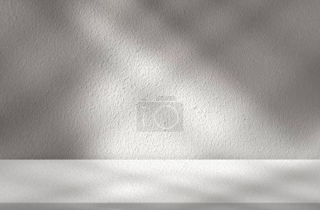 Téléchargez les photos : Fond d'écran Studio Texture murale en béton avec feuilles Ombre et ligne de lumière du soleil sur le sol en ciment, Écran de salle de studio gris vide avec podium, Bannière de toile de fond pour produit cosmétique, Présentation beauté maquillée - en image libre de droit