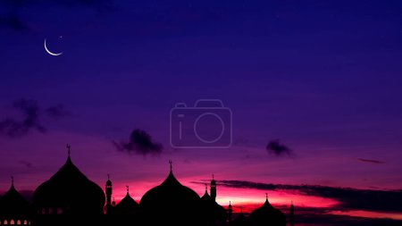 Night Sky with Star,Islamic card with Mosques dome,Crescent moon on Sunset sky,  Ramadan Night with twilight dusk sky for Islamic religion,Eid al-Adha,Eid Mubarak,Eid al fitr,Ramadan Kareem,Muharram