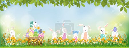 Ilustración de Tarjeta de felicitación de Pascua, Cute Bunny caza Huevos de Pascua en el campo de hierba en el día soleado Primavera, Vector Lindos conejos de dibujos animados y abejas hunny volando en el campo de hierba con fondo borroso efecto de luz bokeh - Imagen libre de derechos