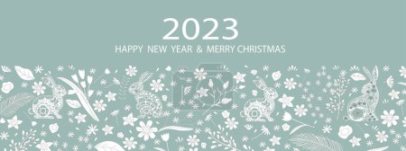Illustration for 2023 Happy New Year and Mery Christmas banner,Vector Beautiful Greeting card or backdrop of Paper cut Rabbits with Cute Spring flowers and other elements on green background. - Royalty Free Image
