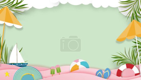 Illustration for Summer background with beach vacation holiday theme with pink wave layer and copy space,Vector Top view Sea Beach Paper cut of tropical Summer design,palm leaves and cloud on Green mint Sky background - Royalty Free Image