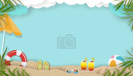 Illustration for Summer scene background with beach vacation holiday theme with pink wave layer and copy space,Vector Top view paper cut of tropical summer design, palm leaves and cloud on blue sky background - Royalty Free Image
