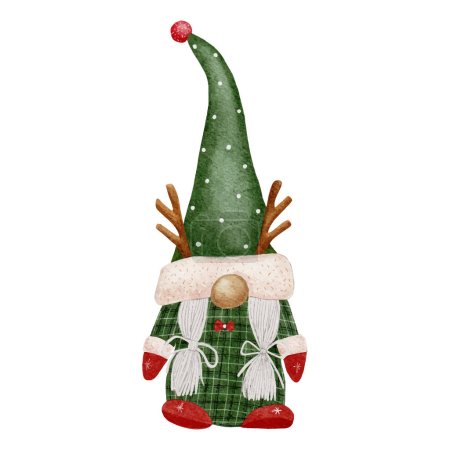 Christmas Gnome Wearing Santa Claus Green Hat isolated on white background. Watercolor hand paint Cute Scandinavian Dwarfs,Vector illustration elements character for Merry Christmas,New Year Greeting
