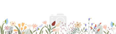 Patrón sin costuras Decoración de fondo floral horizontal con lindas flores multicolores y bordes de hojas sobre fondo blanco.Ilustración vectorial Diseño plano botánico de primavera o verano 