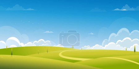 Spring Background with Green Grass Field Landscape with Mountain,Blue Sky and Clouds,Panorama Summer rural nature in with grass land on hill.Cartoon vector illustration backdrop banner for Easter 