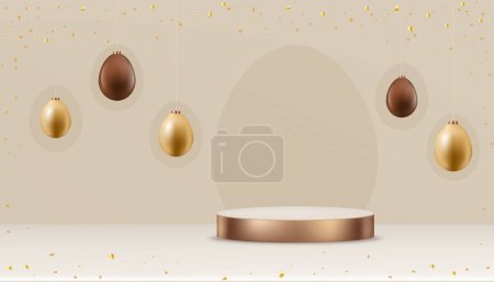 Osterhintergrund mit Gold- und Schokoladeneiern an beiger Wand, Vector Studio 3D Displaypodium auf cremefarbenem Hintergrund, Konzept für Produktpräsentation, Promotion am Frohen Ostertag