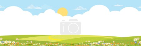 Illustration for Seamless pattern Spring green fields landscape with clouds on blue sky background,Endless Panorama beautiful rural nature in springtime with grass land on hill.Vector for spring or summer banner - Royalty Free Image