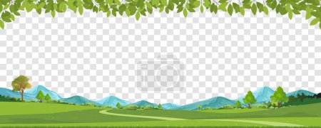 Illustration for Spring green fields landscape,mountai,green leaves border with copy space on transparent background,Panorama peaceful rural nature in spring with grass land.Cartoon Horizon for Spring,Summer Banner - Royalty Free Image