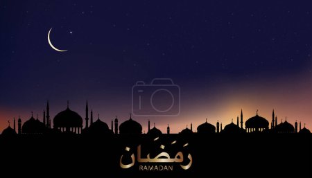 Téléchargez les illustrations : Ramadan calligraphy Arabic with Silhouette Dome Mosques,Crescent moon on Dusk sky background, Vector Ramadhan Night with twilight sky. Islamic or Muslims religion the month of Ramadan Kareem - en licence libre de droit