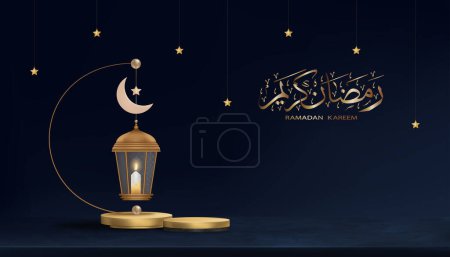 Ramadan Kareem calligraphy Arabic,3d Traditional islamic lantern,Crescent moon,Star on dark blue background,Vector for Islamic Symbolic,Muslim Religion month on Eid ul fitr,Eid al Adha,Eid Mubarak