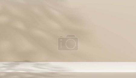Ilustración de 3d Beige background display with shawdow leaves overlay on cement wall room,Transparent soft light fo branches leaf,Concept for Organic Cosmetic product presentation,Sale,Online shop in Spring,Summer - Imagen libre de derechos