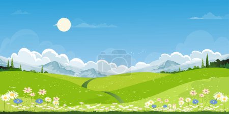 Ilustración de Spring green fields landscape with mountain,blue sky and clouds background,Panorama peaceful rural natural in springtime with green grass land. Cartoon vector illustration for spring and summer banner - Imagen libre de derechos
