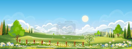 Illustration for Nature Spring Rural farm landscape with Green Field with Cloud, Blue Sky,Vector horizon Natural rural Countryside with forest tree,Mountains in Sunny day,Cartoon Vector for Easter,Spring,Summer banner - Royalty Free Image