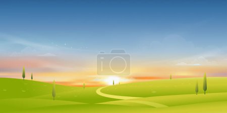 Illustration for Spring Nature Background of Green Field Landscape with Sunrise Sky,Horizon Summer rural with grass land, pine tree on hills with Sunset Sky.Vector Cartoon banner for Easter,Earth day,Ecology concept - Royalty Free Image