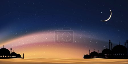 Téléchargez les photos : Carte du Ramadan avec dôme des mosquées, croissant de lune sur fond de ciel bleu, bannière verticale Nuit du Ramadan avec crépuscule ciel pour la religion islamique, Aïd al Adha, Aïd Moubarak, Aïd al fitr, Ramadan Kareem - en image libre de droit