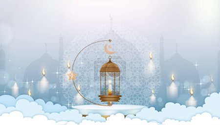 Islamic 3D Podium with Traditional islamic lantern and Crescent Moon,Star hanging on blue sky background,Vector Backdrop Religion of Muslim Symbolic,Eid al fitr,Ramadan Kareem,Eid al Adha,Eid Mubarak