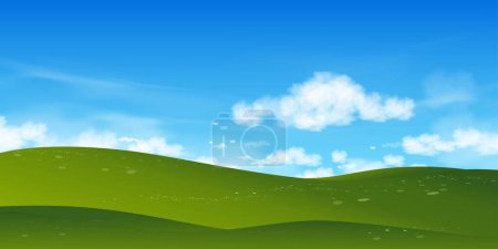 Illustration for Spring Nature Background of Green Field Landscape with Blue Sky,Horizon Summer rural with grass land on hills with Morning Sky.Vector Cartoon banner for Easter,Earth day,Ecology concept - Royalty Free Image