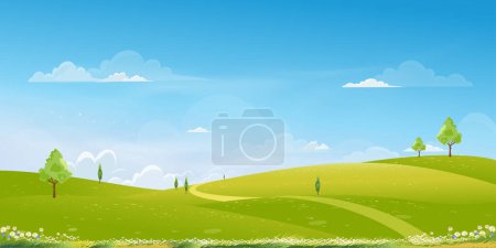 Illustration for Spring Background with Green Grass Field Landscape with Mountain,Blue Sky and Clouds,Panorama Summer rural nature in with grass land on hill.Cartoon Vector illustration backdrop banner - Royalty Free Image