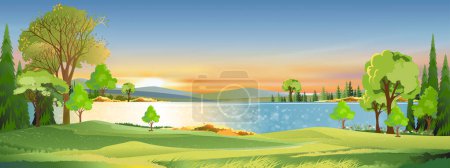 Illustration for Nature Spring landscape with Green Field with Cloud, Blue Sky,Vector horizon Natural rural Countryside by the lake with forest tree,Mountains in Sunny day,Cartoon Vector for Spring,Summer banner - Royalty Free Image