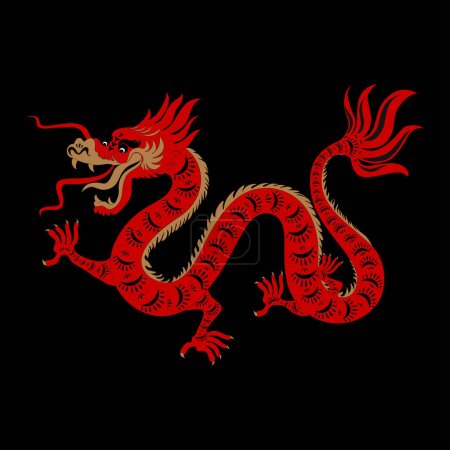 Drache, Chinesisches Neujahr 2024, Tierkreiszeichen Rot und Gold auf schwarzem Hintergrund, Vektorelemente für Einladungskarte, Plakat, Bannerhintergrund