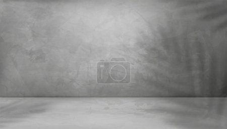 Illustration for Grey cement wall texture background with coconut palm leaves shadow overlay,3D Empty Studio Interior background,Vector Gray Cement wall with light on Concrete floor,Display Product Presentation - Royalty Free Image