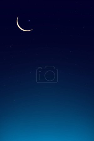 Ilustración de Tarjeta Eid al Adha Mubarak, Luna creciente en el cielo azul del crepúsculo por la noche, Puesta de sol vertical después del atardecer, Cielo al atardecer con espacio para copiar, Bandera vectorial Símbolo Religión Islámica para Eid al fitr, Ramadán Kareem - Imagen libre de derechos