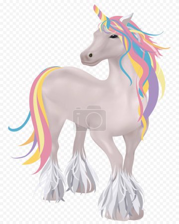 Ilustración de Unicornio rosado 3D con los ojos negros, cuerno del arco iris, melena larga, carácter lindo aislado de la historieta del caballo mágico, elementos de diseño de la ilustración del vector aplican para los productos de los niños - Imagen libre de derechos