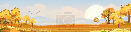 Illustration for Autumn landscape scenery with morning sky and cloud over forest trees with fall leaves,Vector banner wonderful picturesque background with yellow foliage,Cartoon Colour Nature Fall season background - Royalty Free Image