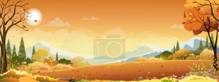 Illustration for Autumn panorama landscape farm field with orange sky, Beautiful sunset in Autumn countryside panorama view with yellow foliage,Vector cartoon Fall season with copy space for banner background - Royalty Free Image