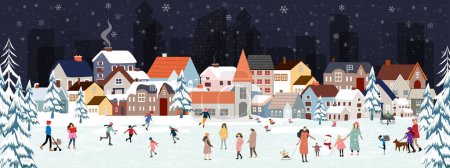 Téléchargez les photos : Fond de Noël, Nuit d'hiver avec des gens qui célèbrent la veille de Noël dans le parc de la ville.Pays des merveilles d'hiver dans la ville avec des enfants heureux jouant en plein air, Bannière vectorielle pour le Nouvel An 2024 fond - en image libre de droit
